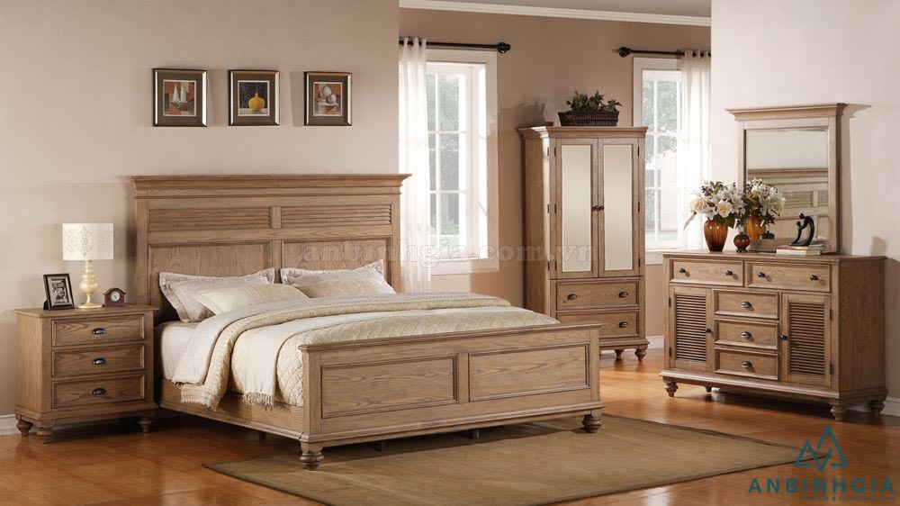 Bộ giường ngủ bằng gỗ Sồi - GTN 01