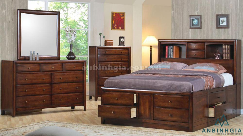Giường ngủ gỗ Xoan Đào có hộc tủ-GNK 35